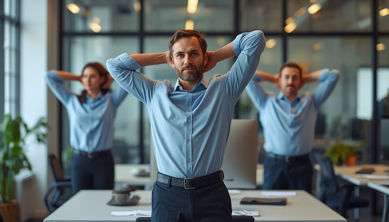 Office teammates stretching shoulders during a DeskMotion guided pause