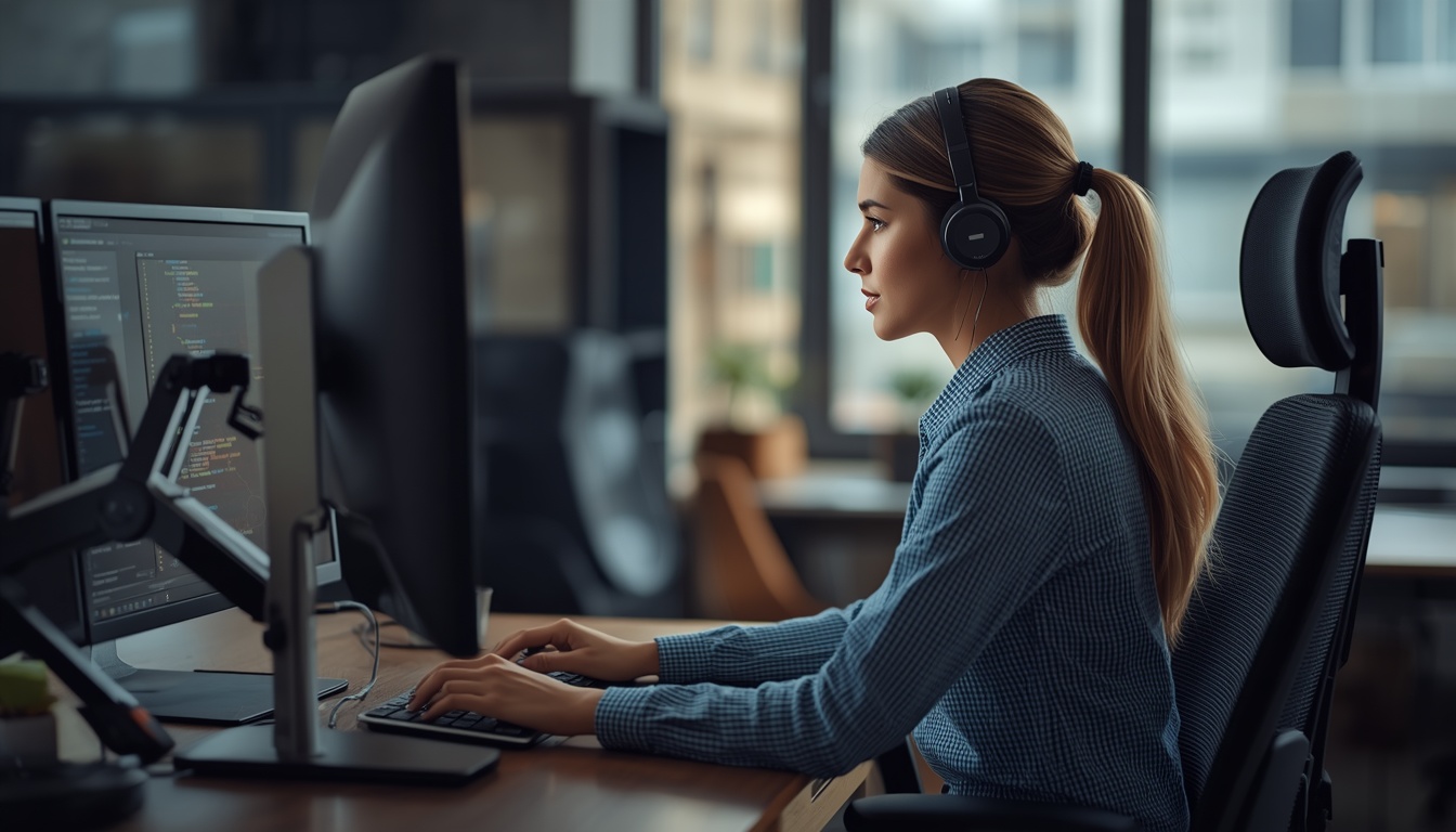Professional adjusting posture beside monitor during DeskMotion focus reset